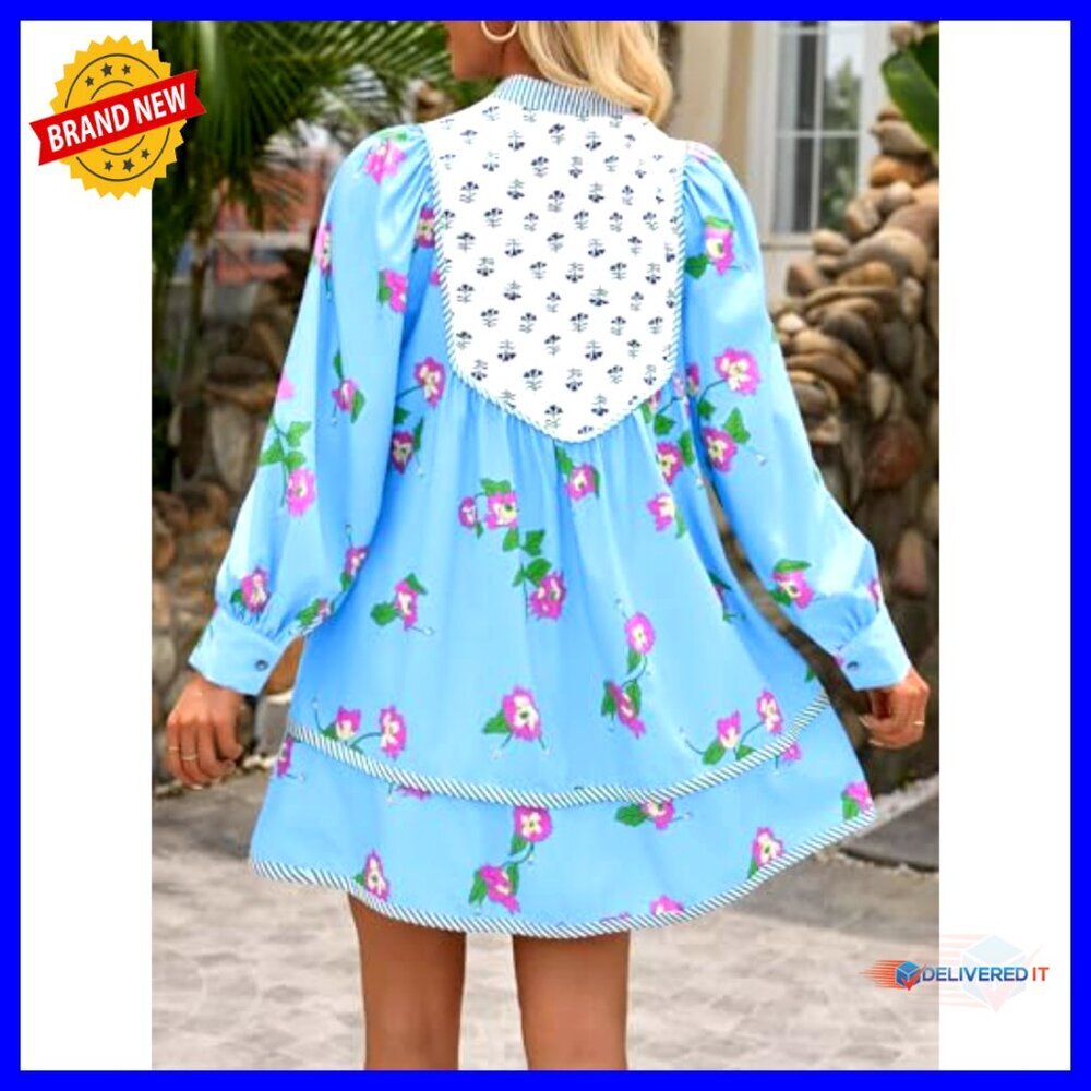 Long Sleeve V Neck Mini Dress Loose Boho Casual Floral Patchwork - Picture 3 of 7